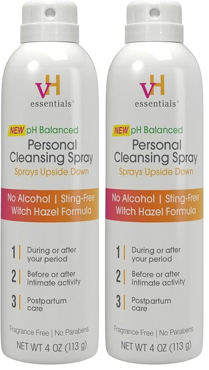 vH essentials Personal Cleansing Spray, pH Balancing Lactic Acid, Sting-Free, Witch Hazel Formula, Fragrance free, Paraben free, Sprays upside down for easy external intimate cleansing, 4 floz