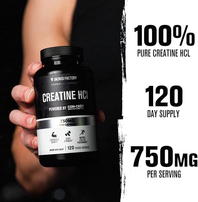 Jacked Factory Creatine HCl Capsules - CON CRET Creatine Pills 750mg - Lean Muscle Growth & Recovery, Boost Strength & Endurance, No Bloating or Cramps - 120 Capsules