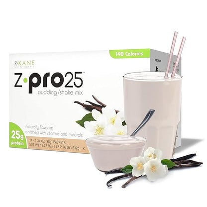 R-Kane Nutritionals Z-Pro Vanilla Protein Drink Mix - High Protein, Low Calorie Low Fat Shake and Pudding Mix - Meal Replacement, On-the-Go Packets - Breakfast Boost - 25g Protein - 14 Packets