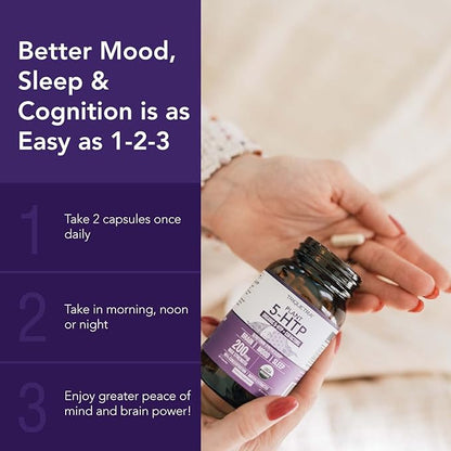 Organic 5-HTP - 200 mg | 99% 5HTP Concentration, Plus Cofactor Vitamin B6 & Lion’s Mane | Water Extracted from Organic Griffonia Seeds | Supports Mood, Cognition & Sleep (60 Capsules | 30 Servings)