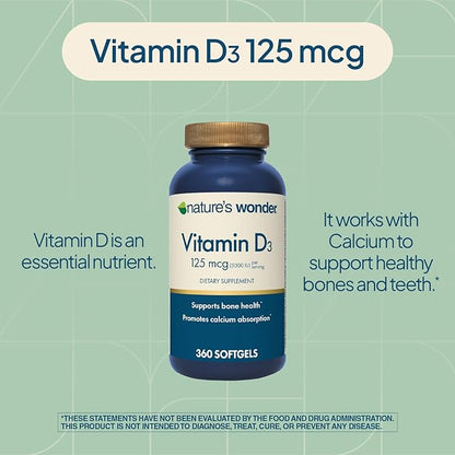 Nature's Wonder Vitamin D3 5000iu (125mcg) High Potency, Dietary Supplement to Support Bone Health and Immune System, Gluten Free, 360 Softgels, 1 Year Supply