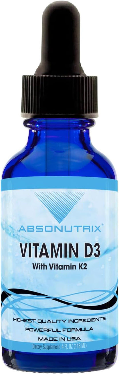 Absonutrix Vitamin D3 K2 Drops, 390mg, 4 Oz Liquid, 302 Servings, Made in USA, Quick Absorption, Quality Potent Ingredients, Non-GMO, GMP Certified, Cruelty-Free Products, Bone Strength Supplements