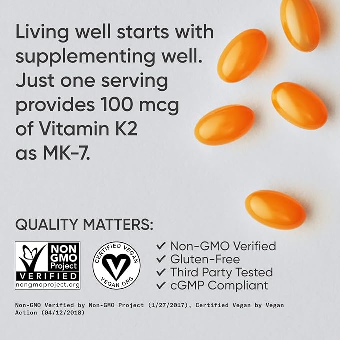 Sports Research Vitamin K2 as MK-7 100mcg with Coconut MCT Oil - 120 Veggie Softgels (4 Month Supply) Vegan Certified, Non-GMO Verified, Gluten & Soy Free