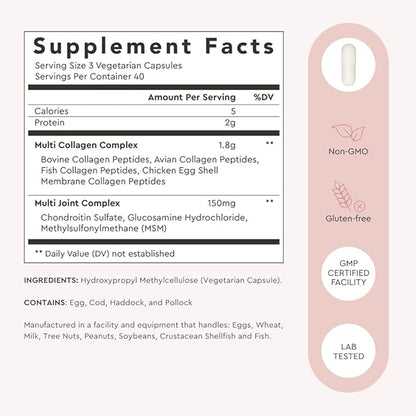 Alaya Naturals Hydrolyzed Multi Collagen Peptides Protein Capsules - Type I, II, III, V, X Grass-Fed Bovine, Chicken, Marine Collagen Supplement with MSM + GC (Capsules - 120 Count)