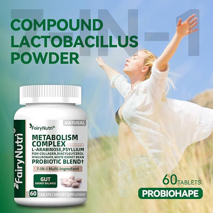 L-Arabinose 7-in-1 Metabolism Supplement | White Kidney Bean Extract, Collagen & Probiotics | Carb Block, Gut Balance & Skin Glow Support | cGMP & NSF - 60 Tablets