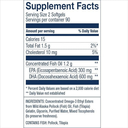 Wiley's Finest Wild Alaskan Fish Oil Prenatal DHA - 900mg EPA and DHA Omega-3s for Pregnant Women and Nursing Mothers - 180 Softgels (90 Prenatal Vitamin Servings)