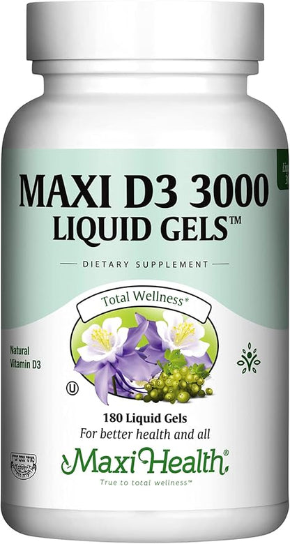 Maxi Health Vitamin D3 3000 IU 75 mcg Vitamin D Supplement for Healthy Bones, Teeth, Immune Support - VIT D3 Supplement Easy to Swallow Non-GMO, Supplement for Men and Women – Kosher 180 Gels