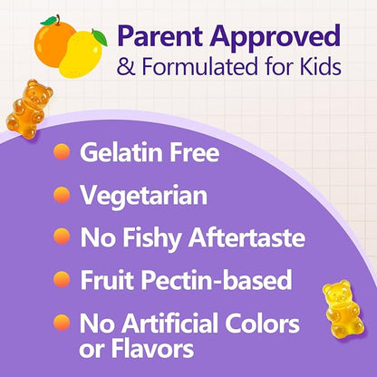 Omega 3 Gummies for Kids & Teens - Sugar Free Omega DHA & EPA Supplement Gummy for Children Brain and Immunity - No Fish Burps, Vegan - 120 Gummies