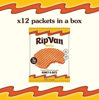 Rip Van Wafels Honey and Oats Stroopwafels, Healthy Snacks, Non-GMO, Keto Friendly, Office Snacks, Low Sugar (3g), Low Calorie, 12 Pack