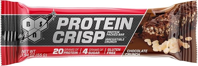 BSN Protein Crisp Bar, Chocolate Crunch, 20 Gram Protein Snack Bars with Whey and Fiber, Gluten-Free Crunchy Energy Bars for Workout, Fitness, On-the-Go, 12 Count