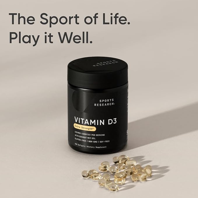 Sports Research® Vitamin D3 w/Coconut MCT Oil - High Potency Vitamin D3 5000iu (125mcg) Supplement for Immune & Bone Support - Seed Oil Free - Non-GMO - Gluten Free (360 Liquid Softgels)