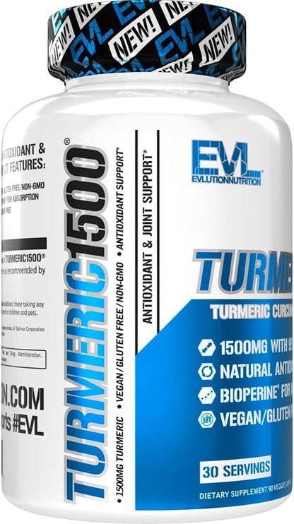 Evlution Herbal Relief Turmeric Curcumin with Bioperine - EVL 1500mg 95% Curcuminoid Turmeric Curcumin with Black Pepper for Digestive Skin Immunity Liver and Joint Support - Non GMO Vegan Supplement