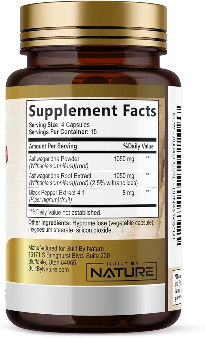 Built by Nature Ashwagandha 2100mg Extra Strength Stress Relief & Mood Support with Black Pepper Extract for Max Absorption - Non-GMO, Vegan, Gluten-Free - 60 Capsules