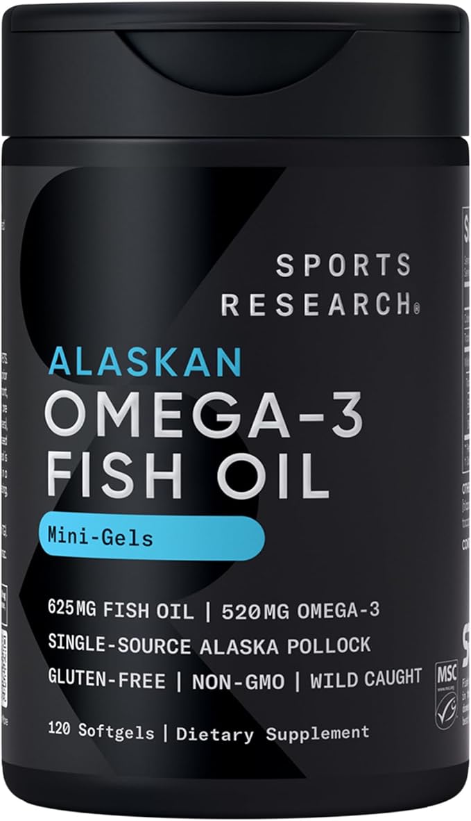 Sports Research® Omega-3 ­­Fish Oil Mini-Softgels - Sourced from Wild Caught Alaska Pollock - Burpless, Bovine Free, Non-GMO, & MSC Certified Sustainable - 120 Count