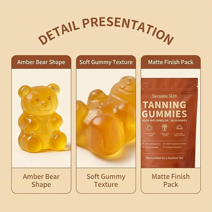 tebazoew Savanna Skin Tanning Gummies, with Astaxanthin, Beta-Carotene, Lycopene & Vitamins, Radiant Healthy Skin Natural Looking Glow, Bronzing, Non-GMO & Vegan