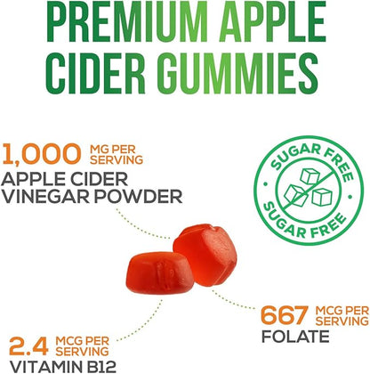Apple Cider Vinegar Gummies - Sugar Free - Apple Cider Vinegar Powder 1000mg Per Serving - Max Strength ACV Gummy Vitamins - B12 & The Mother - Metabolism & Energy Support - Keto & Vegan - 120 Gummies