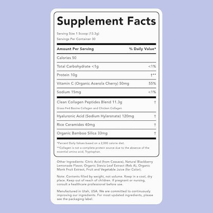 Clean Simple Eats Collagen Powder + Beauty Blend, BlackBerry Lemonade, Hydrolyzed Collagen Peptides from Grass Fed Bovine & Chicken, Hyaluronic Acid for Hair, Skin, Nail & Joint Support, 30 Servings