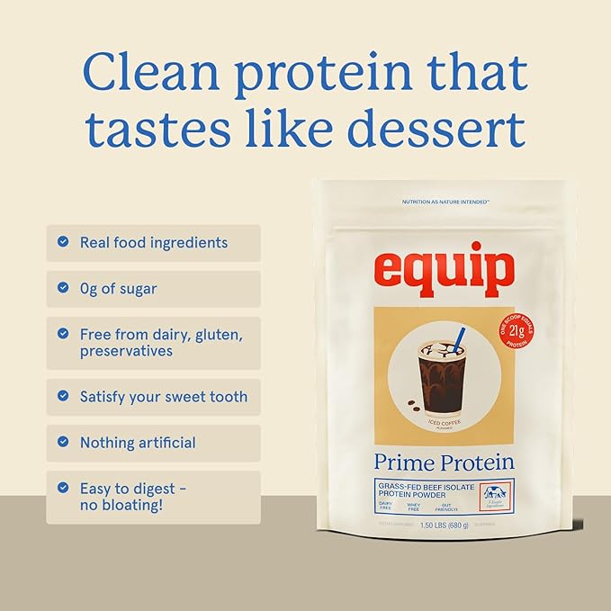 Equip Foods Prime Protein Powder | Clean, Grass Fed Beef Protein Powder | Carnivore Protein Isolate | Paleo, Keto Friendly, Gluten & Dairy Free | Helps Build & Repair Tissue | 30 Servings, Iced Coffee