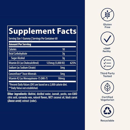 Trace Minerals Vitamin D3 + K2 Gummies - Bioavailable Vitamin Blend for Bone, Heart & Immune System Support - High-Potency - Plant-Based - Gluten-Free & Vegan - Strawberry - 60 Servings
