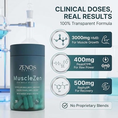 Zenos Health MuscleZen Muscle Builder for Men – ATP Supplements for Strength – Muscle Supplements for Super Recovery – Clear Muscle Support for Lean Muscle Growth - Made in USA, 180 Caps