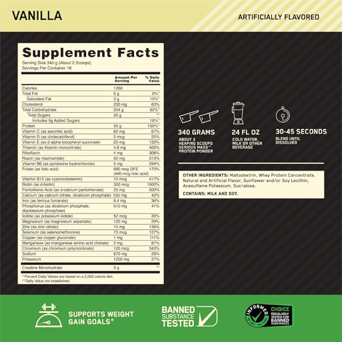 Optimum Nutrition Serious Mass Weight Gainer Protein Powder, Vitamin C and Zinc for Immune Support, Vanilla, 12 Pound (Packaging May Vary)
