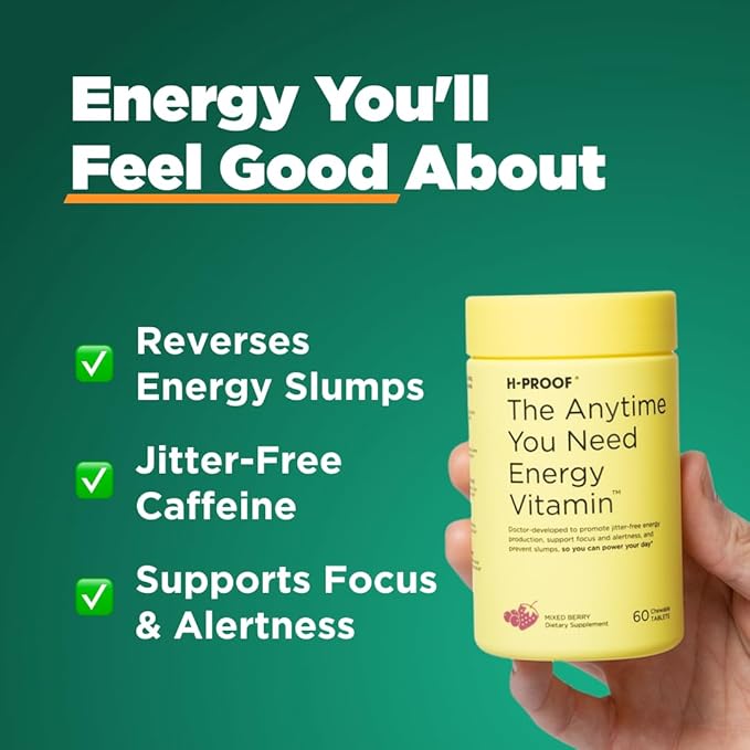 The Anytime You Need Energy Vitamin for Sustained Energy, Focus & Alertness with Jitter-Free Caffeine, 60 Chewable Energy Supplements (30 Servings), Mixed Berry