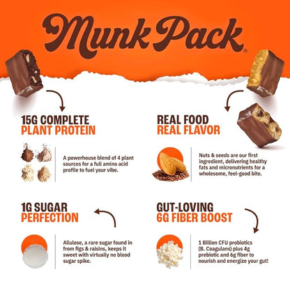 Munk Pack Peanut Butter Cup Probiotic Keto Protein Bars | 15g Plant Protein, 1g Sugar, 4g Net Carbs | Non-GMO, Plant-Based, Low Sugar, Gluten-Free Snacks | 12 Count