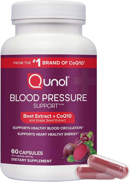 Qunol Blood Pressure Support, 3 in 1 Beets + CoQ10 + Grape Seed Extract, Beet Root Capsules that Supports Healthy Blood Circulation & Heart Healthy Energy, 60 Count (Pack of 1)