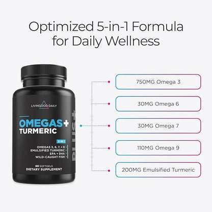 Livingood Daily Omega 3 6 9 Plus Turmeric Curcumin Supplement, 60 Softgels - Fish Oil Omega 3 Supplements (EPA & DHA) for Men and Women - Brain, Joint, Heart Health, and Metabolism - Made in USA