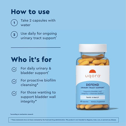 Uqora Defend - Urinary Tract Health Supplement - Support Bladder Health & Cleanse Biofilm with D-Mannose, Green Tea Extract, Turmeric Extract & More - Gluten-Free- 60 Capsules- 2 Pack (60-Day Supply)