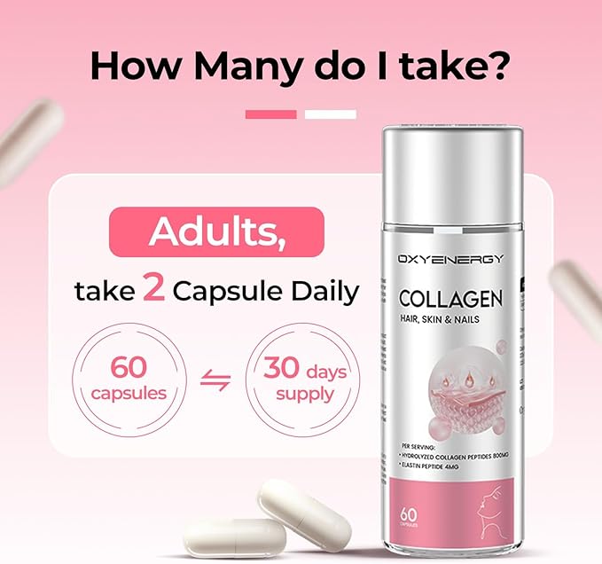 OxyEnergy Collagen Peptides Capsules for Women, Hydrolyzed Collagen Supplements with Elastin Peptides, 60 Collagen Pills to Promotes Hair, Nail, Skin, Capsulas