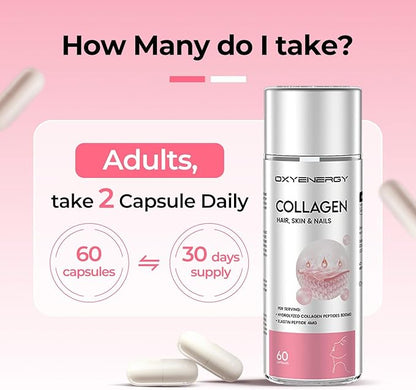 OxyEnergy Collagen Peptides Capsules for Women, Hydrolyzed Collagen Supplements with Elastin Peptides, 60 Collagen Pills to Promotes Hair, Nail, Skin, Capsulas