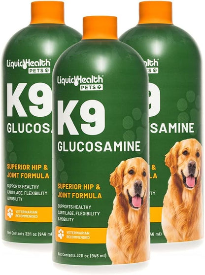 LIQUIDHEALTH Pets K9 Liquid Glucosamine for Dogs, Puppies, Senior Canines with Chondroitin, MSM, Hyaluronic Acid - Dog Vitamins for Hip Joint Health, Dog Joint Oil, Joint Juice - Made in USA (3 Pack)