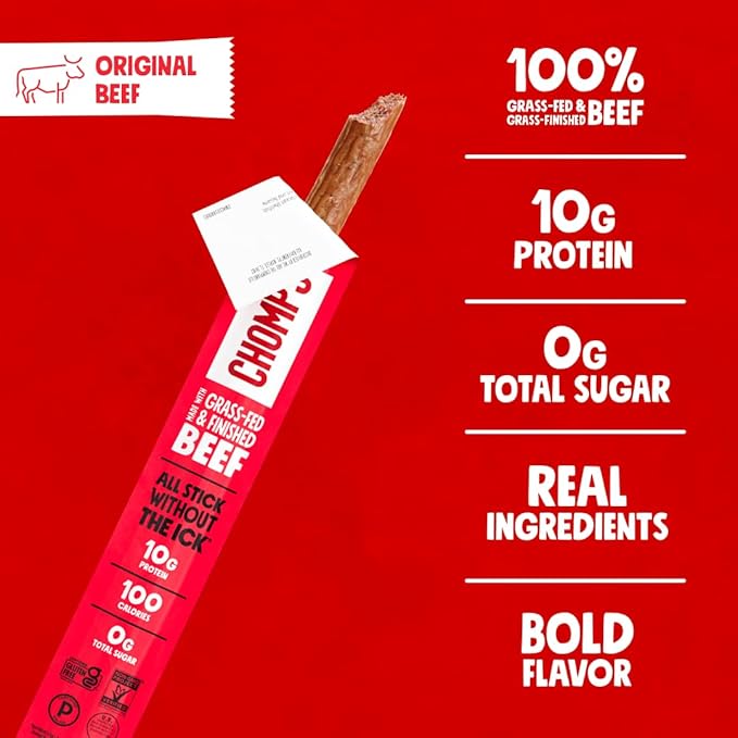 Chomps Grass-Fed and Finished Original Beef Jerky Snack Sticks 24-Pack, Keto, Paleo, Whole30, 10g Protein, Gluten-Free