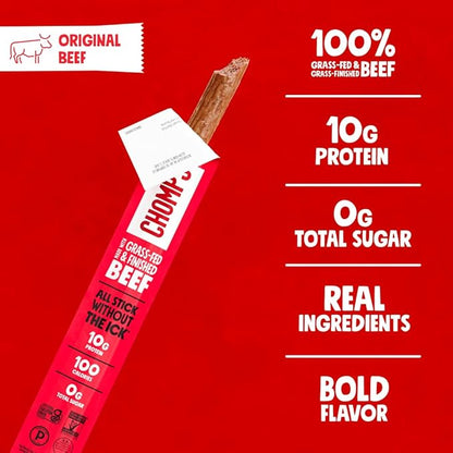 Chomps Grass-Fed and Finished Original Beef Jerky Snack Sticks 24-Pack, Keto, Paleo, Whole30, 10g Protein, Gluten-Free