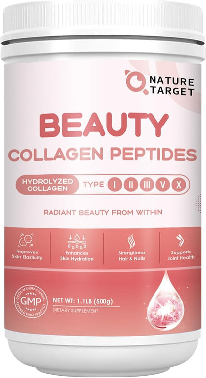 NATURE TARGET Beauty Collagen Peptides Powder for Women, Multi Collagen Powder with Vitamin C, Biotin, Hyaluronic Acid – Unflavored, Keto Friendly, Easy Dissolve, Non-GMO, 50 Servings