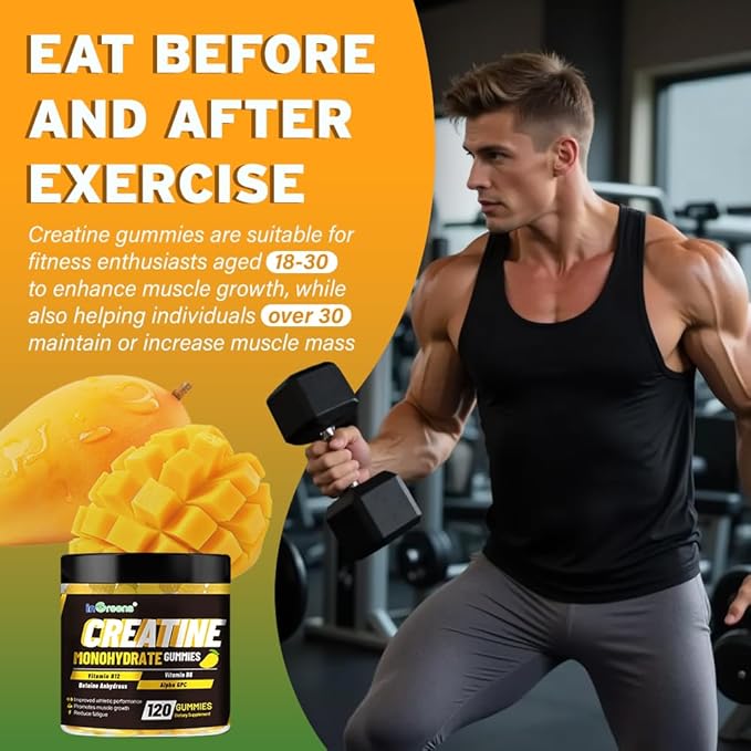 Creatine Monohydrate Gummies 6g for Men & Women, Potent Creatine Supplement, Chewables Creatine for Energy Boost, Increase Strength and Build Muscle, Gluten-Free, Sugar Free,120 Count