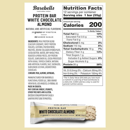 Barebells Protein Bars White Chocolate Almond - 12 Count, 20g High Protein Treats - Chocolate Nutrition Bar with 1g Total Sugars - On-The-Go Breakfast or Post-Workout Snack