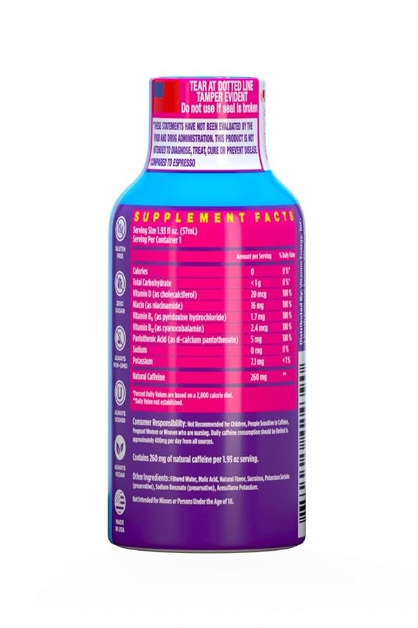 Vitamin Energy Vitamin D Extra Strength Energy Shot Mixed Berry 8 Pack, 260mg Natural Caffeine, B-Complex, Vitamin D, Wellness Support, Keto, Zero Sugar, Gluten-Free Vegan Kosher, 1.93 fl oz