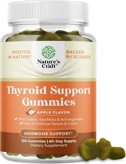 Vegan Thyroid Support Gummies with Sea Moss - Thyroid Support Gummies for Comprehensive Support for Men and Women with Iodine Selenium and Other Potent Vitamins - Gelatin-Free Non-GMO - 120 Count