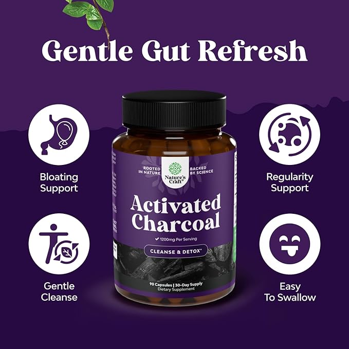 Natures Craft Activated Charcoal Pills Detox & Cleanse - Purifying Coconut Capsules with 1200 mg Per Serving for Bloating Relief - Active Detox Supplement for Body & Gut Health - 90 Count