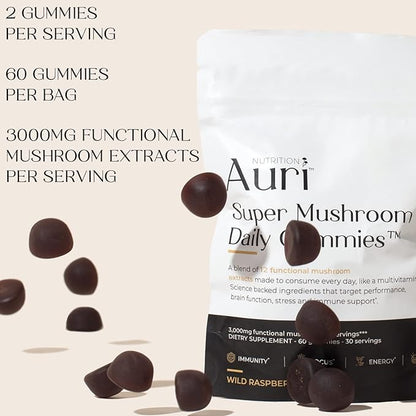 Auri Nutrition Super Mushroom Daily Gummies – All-in-One Functional Gummy with 12 Mushroom Blend Including Lion’s Mane, Reishi, Chaga & Cordyceps – 60 Gummies