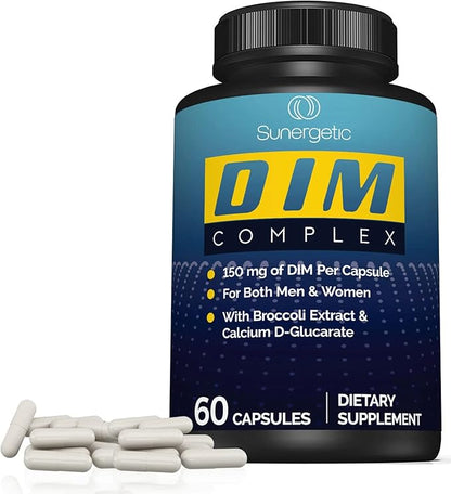 Sunergetic Premium DIM Supplement – 150mg diindolylmethane, Broccoli, Calcium D-Glucarate & Bioperine for Men & Women – DIM Complex for Menopause Support & Balance - 60 Capsules (Pack of 2)