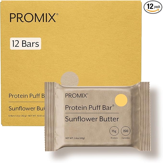ProMix Nutrition Protein Puff Bars - Sunflower Butter - Marshmallow Crispy Treat - Great Tasting & Healthy On The Go Snack - High Protein & Low Calorie - Free From Gluten, Soy, & Corn - 12 Bars