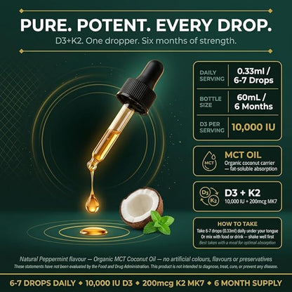 Vitamin D3 + K2 Drops 10,000 IU D3 with 200mcg K2 (MK7), Peppermint Flavour, Organic MCT Coconut Oil, 60mL, 6 Month Supply