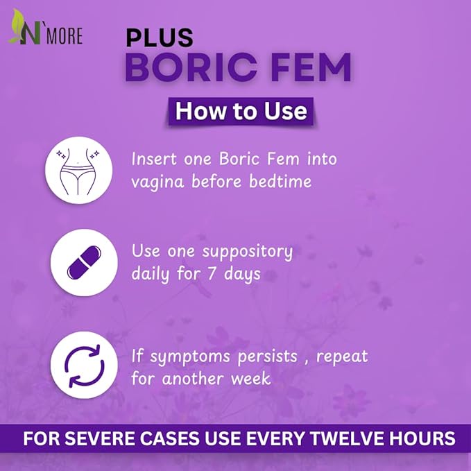 N'More Boric Acid Vaginal Suppositories Plus Aloe Vera & FOS Probiotic Enhancer 800mg/, 30 Count All Natural Made in USA
