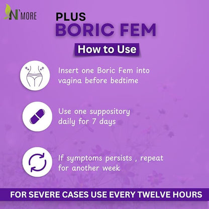 N'More Boric Acid Vaginal Suppositories Plus Aloe Vera & FOS Probiotic Enhancer 800mg/, 30 Count All Natural Made in USA