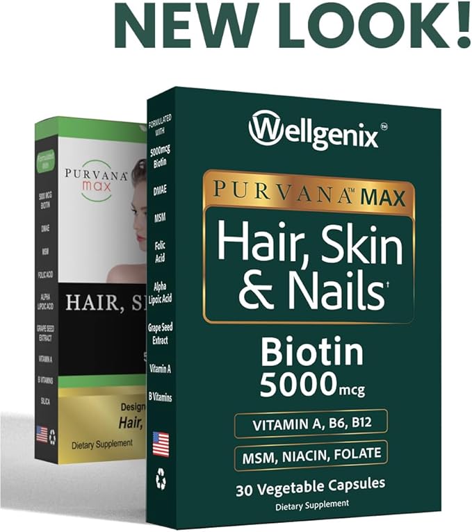 Wellgenix Purvana MAX Hair Skin and Nails Supplement – 5000mcg Biotin with MSM & B-Complex – Support for Thicker Hair, Stronger Nails & Glowing Skin – 30 Veggie Capsules