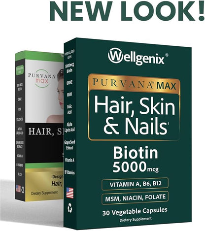 Wellgenix Purvana MAX Hair Skin and Nails Supplement – 5000mcg Biotin with MSM & B-Complex – Support for Thicker Hair, Stronger Nails & Glowing Skin – 30 Veggie Capsules