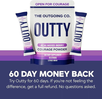 OUTTY Courage Powder Social Energy & Mood Support Drink Mix With Taurine, L-Theanine & Oroxylin A Stress Relief, Mental Clarity & Alcohol Alternative Acai Mixed Berry (15 Stick Packs)